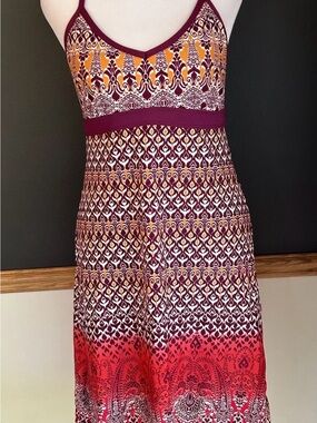Athleta Maroon, White & Coral Print Midi Dress